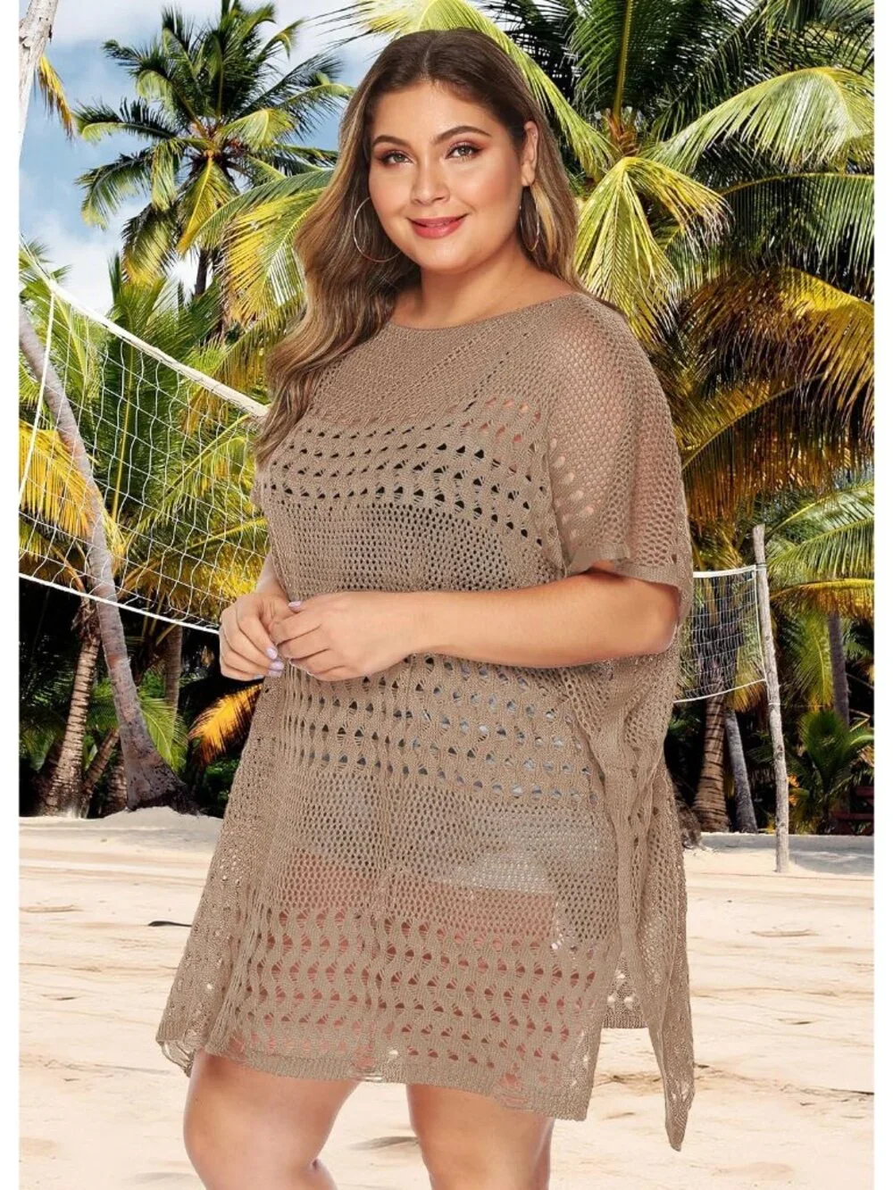 Women's Hollow Khaki One Size Polyester Crochet Summer Swimsuit Coverup Dress